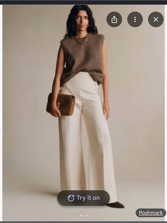 Sezane Pants - Sezane marina Cream Wide-Leg Sailor Pants with Button Detail